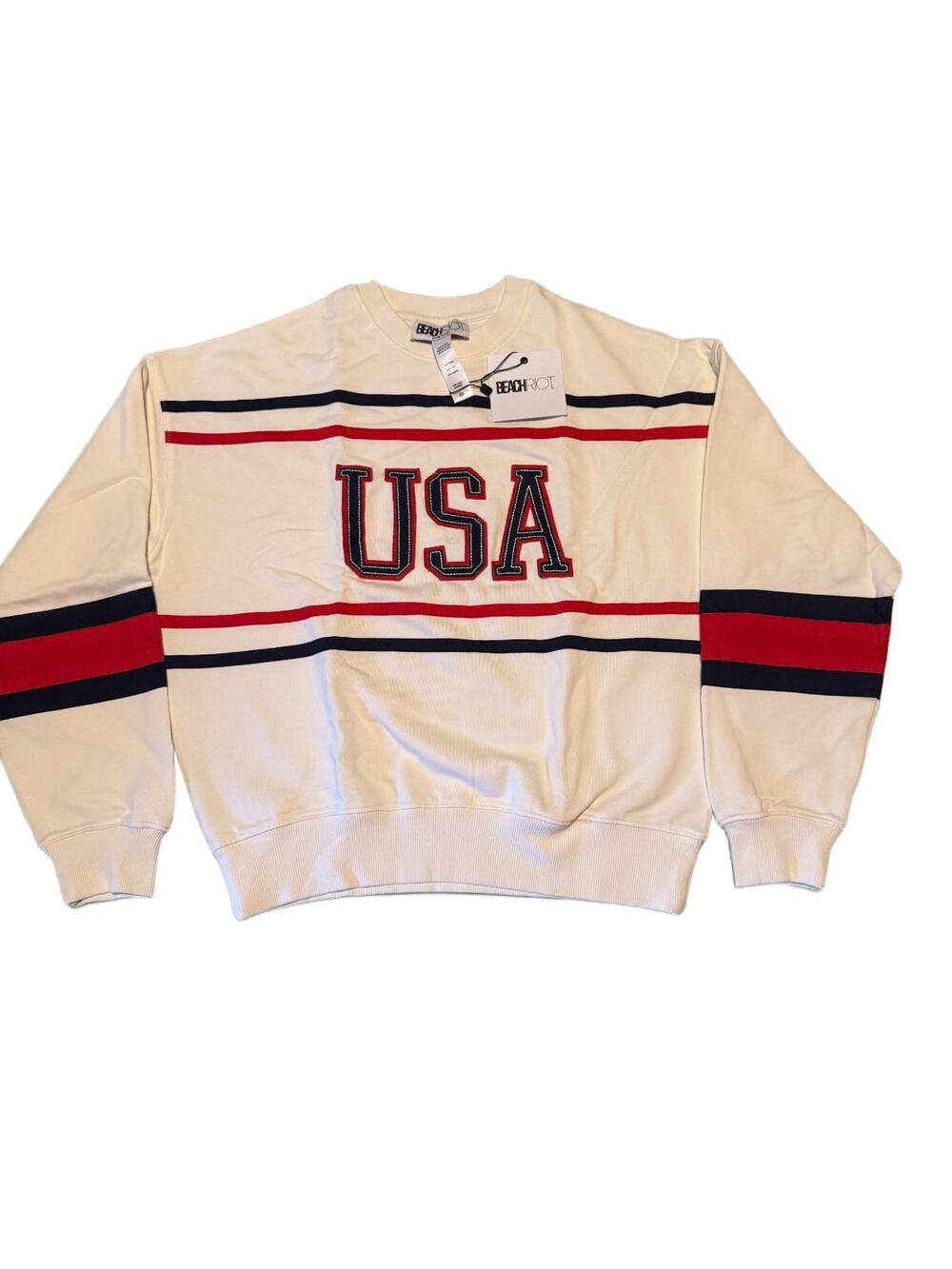 Beach Riot USA Sweatshirt Womens XS Cream Red Navy Stripe Crewneck Pullover NWT